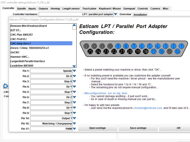 Estlcam control settings Estlcam control settings